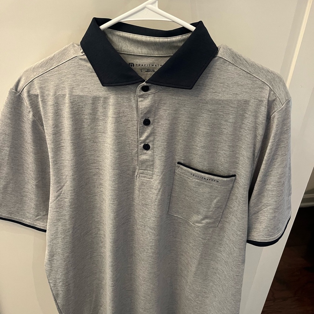 Travis Mathew Gray Polo with Navy Accents.  Brand New with Tags